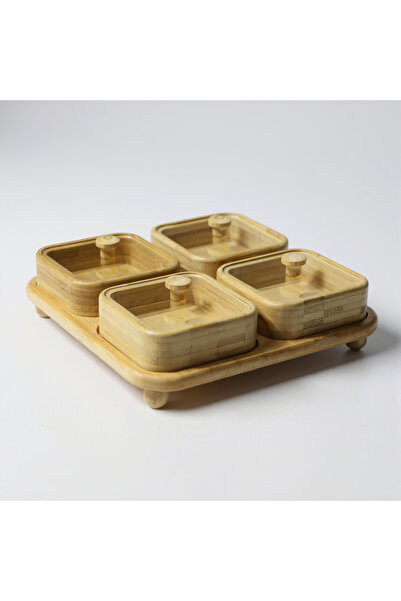 tutku home Bambu Tepsili Kare 4'lü Çerezlik/Kahvaltı Takımı/Sunumluk