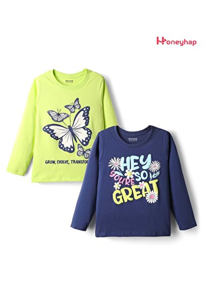 Honeyhap بلوزات قطنية فاخرة 100% بنقشة فراشات ونصوص (عبوة من قطعتين) - ليموني...