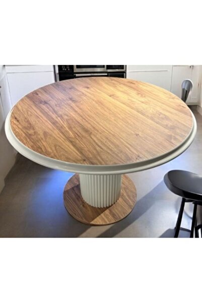 Kayı mobilya Mdf Ceviz Yuvarlak Yemek, Salon Masası Masa Kenarları Beyaz Ayak...