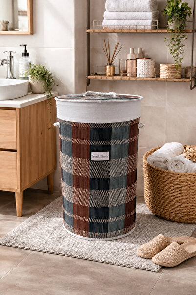 sonnenflügel Kirli Çamaşır Sepeti Kapaklı Bambu 50 Litre (Ekose ve Beyaz Renk...