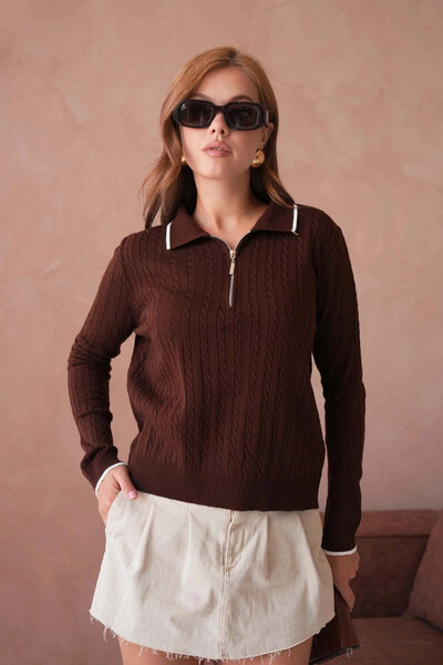 Park Karon Women's Polo Neck Zipper Detail Knitwear Sweater