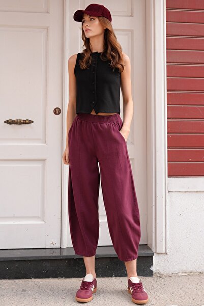 Trend Alaçatı Stili Γυναικείο παντελόνι Gabardine σε μπορντό χρώμα με ελαστικ...