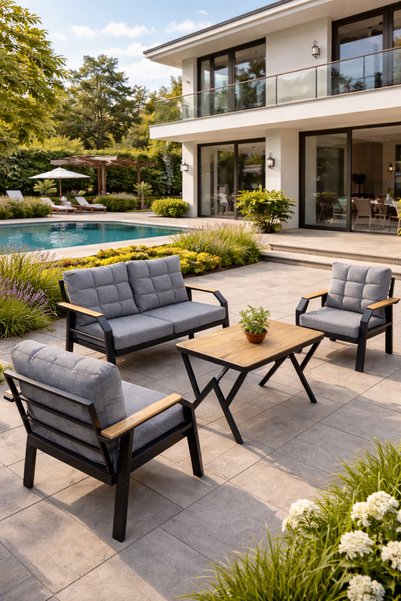 Ard & Garden Kavacık 2+1+1 Masalı Gri Bahçe Oturma Takımı Balkon, Teras, Veranda, Minderli Metal Koltuk Takımı