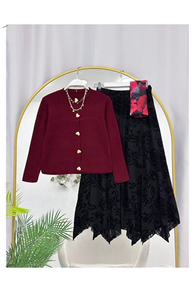 ÇALIŞKAN MODA Velvet Patterned Asymmetric Cut Skirt Knitwear Cardigan Dual Co...