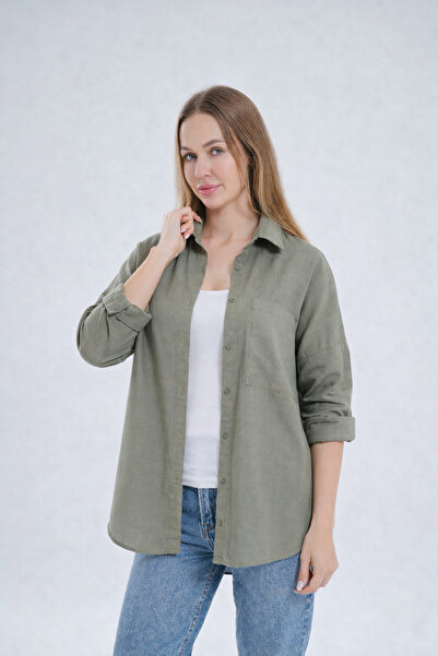 DEZZİİ Khaki Green Flared Linen Shirt