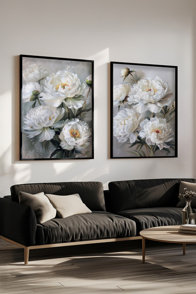 STARYUNA Black Wooden Framed Oil Painting Effect White Peony Double Painting ...