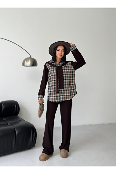 LE CARAMBOLE Women's Brown Plaid Paneled Scarf Detailed Shirt and Trousers Do...