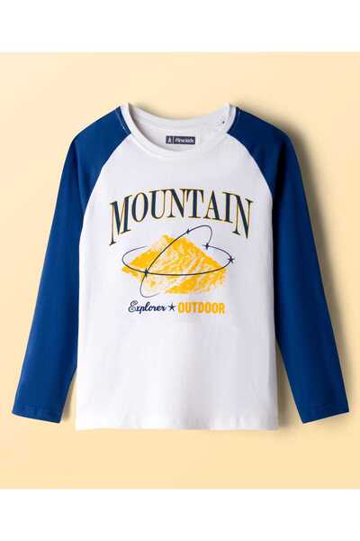Pine kids Cotton Mountain and Text Printed T-Shirt - Navy Blue & White
