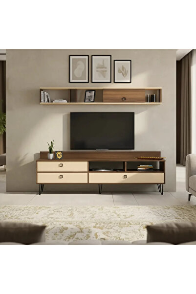 Stylish Home طاولة تلفزيون مودرن مع رف جداري باللونين البني والبيج shtv49_bc