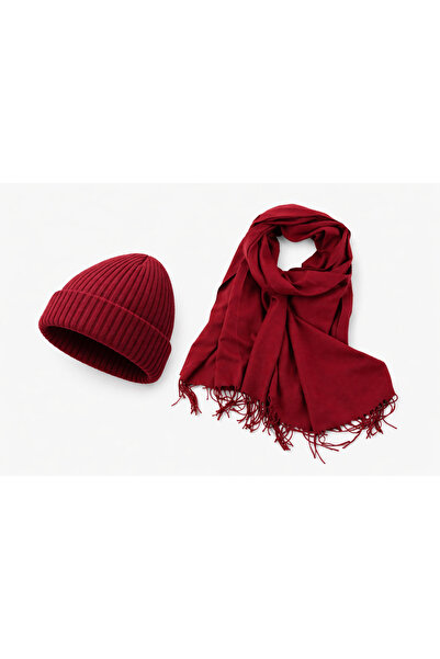 BALİNA Burgundy Color Corded Fabric Basic Beret and Burgundy Ruffled Scarf Wi...