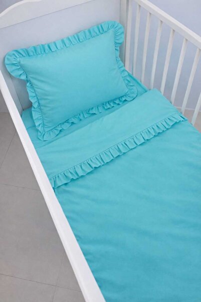 Jaju Baby طقم غطاء سرير أطفال مكشكش بلون أزرق فاتح 60x120 - 70x140 - 80x130 م...