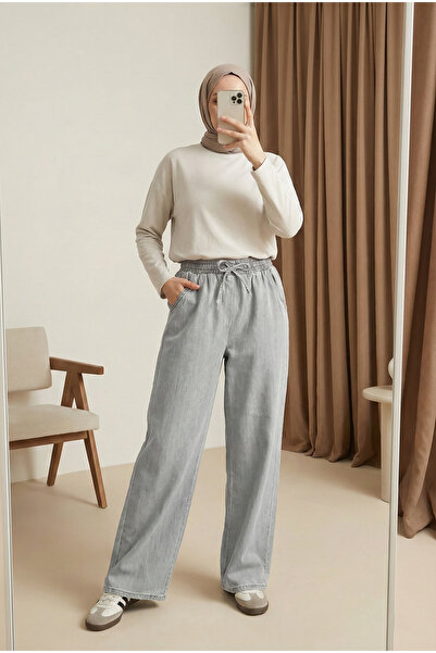 MODAQU Elastic Waist Wide Leg Jeans - Gray