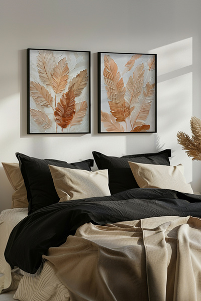 STARYUNA Black Wooden Framed Relief Effect Leaf Pattern Double Painting Set Y...