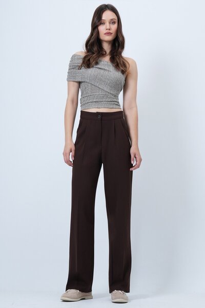 Trend Alaçatı Stili Kadın ACI KAHVE Düğme Kapamalı Çift Cepli Palazzo Pantolo...