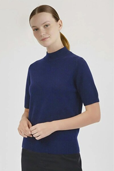 Triko Mısırlı Lacivert Yarım Boğazlı Kısa Kollu Kadın Kazak