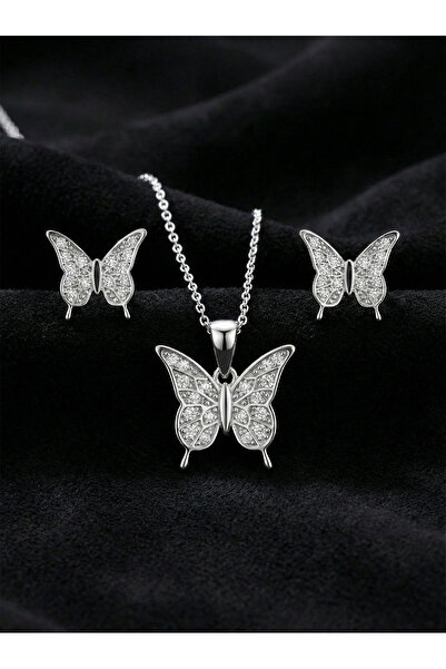 Roza Silver 925 Ayar Gümüş Rodyum Kaplama Zirkon Taşlı Minimal Kelebek Kolye-...