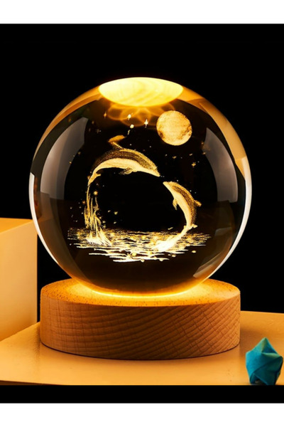 OEM 3D crystal globe lamp with dolphins, 8 cm, LED, wooden base, USB power su...