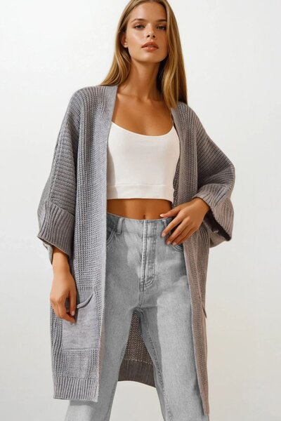 Trend Alaçatı Stili Women's Gray Double Pocket Oversized Knitwear Cardigan Vs...