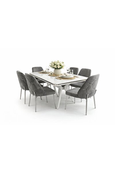 GÜLMOBİLYA38 Mutfak Masası Takımı 6 Sandalye 90*160 Beyaz Eftelya Serisi