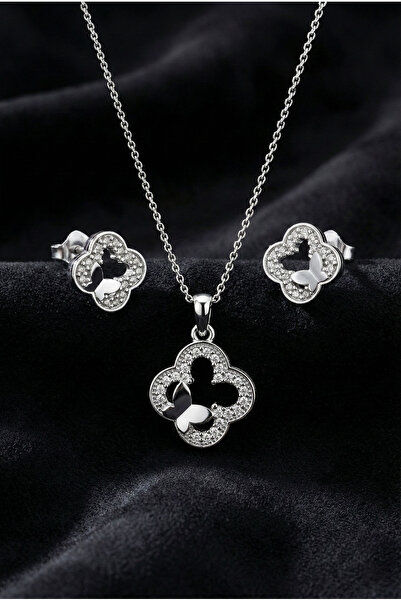 Roza Silver 925 Ayar Gümüş Rodyum Kaplama Zirkon Taşlı Kelebek Detaylı Yonca ...
