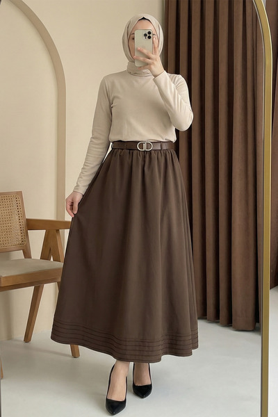 MODAQU Rubber Waist Lined Gabardine Skirt - Brown