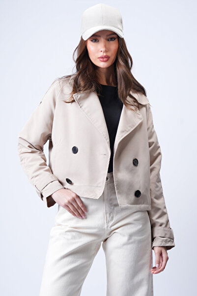Trend Alaçatı Stili Women's Beige Double-Breasted Collar Lined Short Trench J...