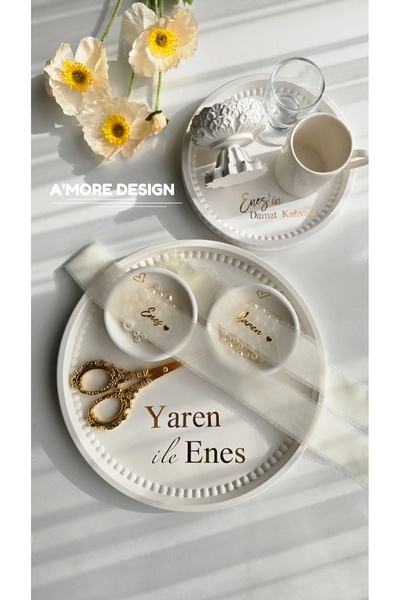 AmoreDesign Nişan Tepsi Seti,Söz Tepsisi, El Yapımı Boncuk Desen Nişan Tepsis...