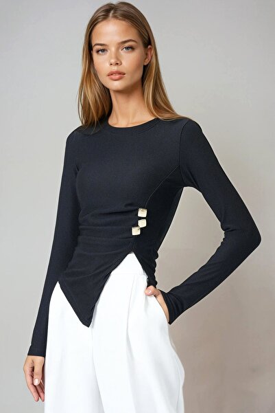 Trend Alaçatı Stili Women's Black Crew Neck Asymmetrical Cut Accessory Detail...