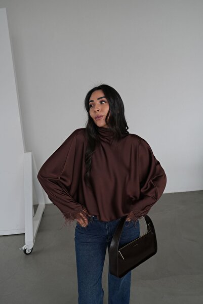 Özge Özgenç Halter Neck Satin Blouse with Embellished Sleeves