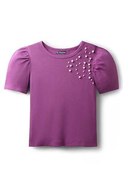 Pine kids Cotton Knit Half Sleeves Solid Color Top with Pearl Detailing - Violet
