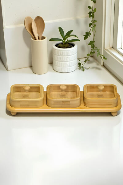 tutku home Bambu Tepsili 3'lü Kare Çerezlik, Kahvaltılık, Sunumluk (32*11,5 cm)