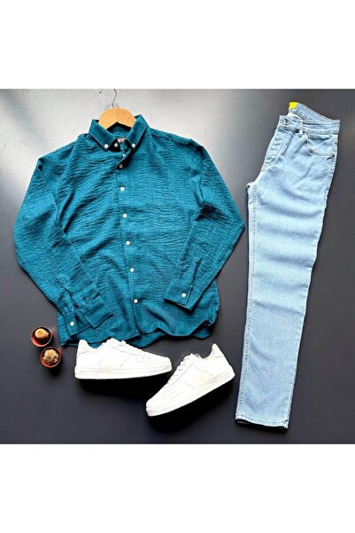 giyimadam16 Men's Crinkle Linen Shirt Stretch Fabric Jeans Set 2-Piece