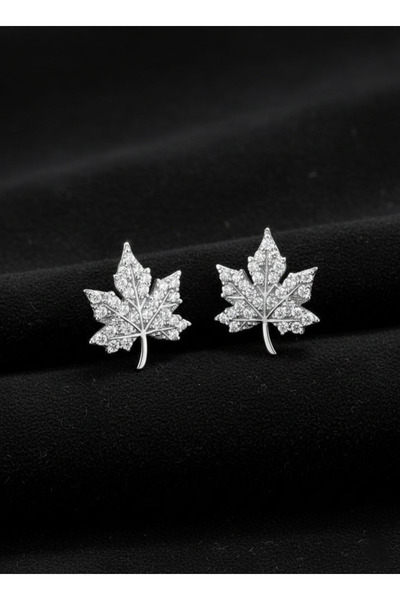 Erdobia 925 Ayar Gümüş Rodyum Kaplama Zirkon Taş İşlemeli Çınar Yaprağı Çivil...