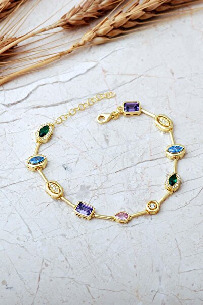 Sümer Telkari Geometrik Renkli Taşlı 925 Ayar Gümüş Bileklik 4827