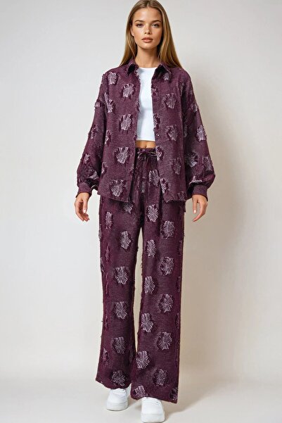 Trend Alaçatı Stili Women's Burgundy Tasseled Oversized Shirt and Elastic Wai...