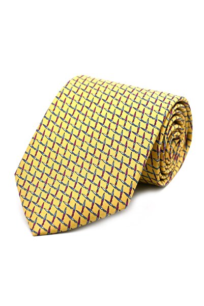 Sade Kravat Soft Yellow Red Blue Sword Patterned Printed Silk Tie 32376 Soft ...