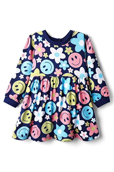 Babyhug Cotton Woven Full Sleeves Floral Printed Frock - Navy Blue
