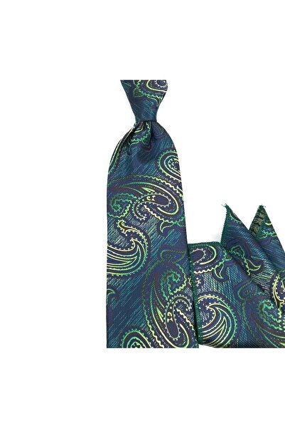 Sade Kravat ربطة عنق منقوشة باللون الأخضر والبني والأزرق الداكن مع منديل 3111...
