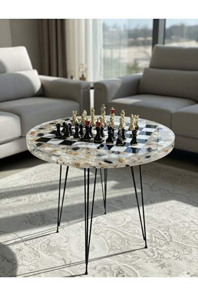 SHEKİLHOME Epoksi Siyah Beyaz Satranç Sehpası