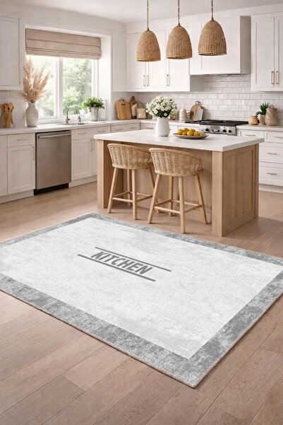 VOPTEKS Gri Beyaz Halı Mutfak Halısı Makinede Yıkanabilir Halı Kaymaz Taban Halı