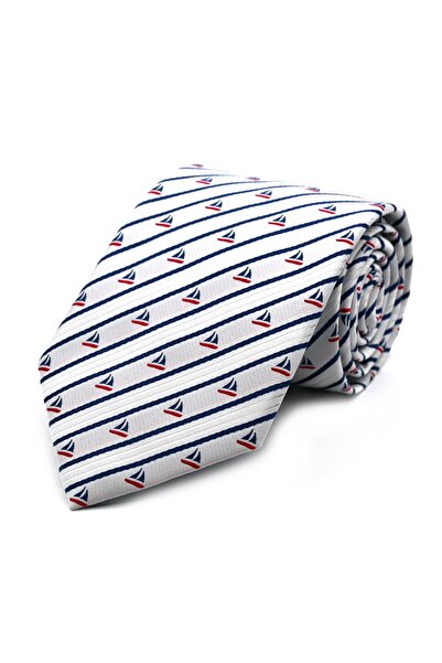 Sade Kravat Navy Blue Striped White Sailor Sailing Patterned Custom Woven Tie...