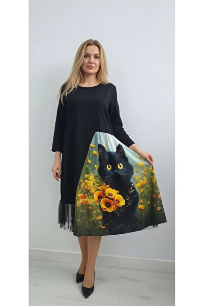 GLAMSI Cat-Print Dress with Lace Inserts