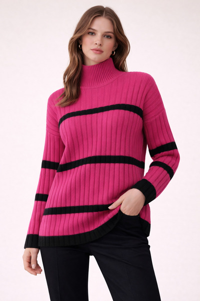 Kirazgym Striped Casual Knit Sweater - Fuchsia