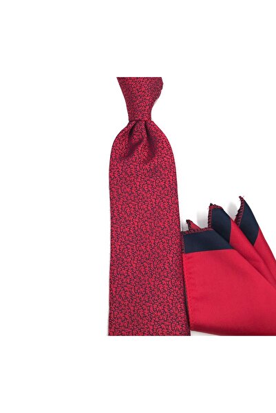 Sade Kravat Kırmızı Lacivert Küçük Özel Desenli Mendilli Kravat 33246 Kırmızı
