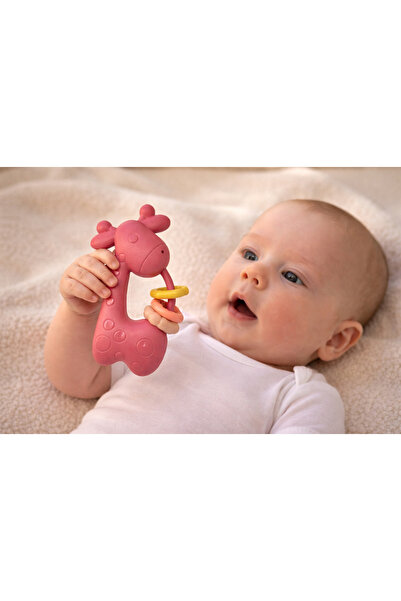Bebelul Zornaitoare Bebe Girafa Roz cu inele de jucarie, 3 luni+