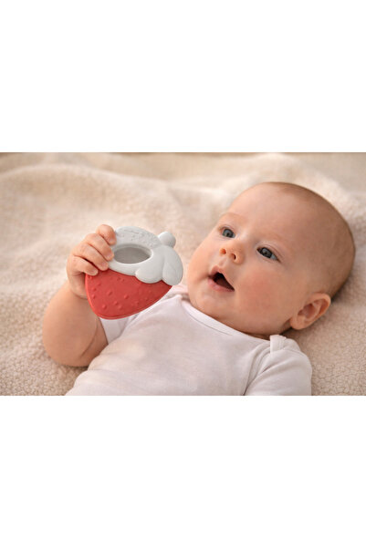 Bebelul Zornaitoare Bebe Capsuna Rosie cu frunza texturata, 3 luni+