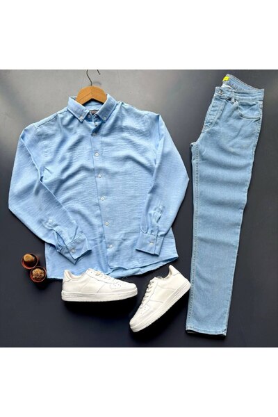 giyimadam16 Men's Crinkle Linen Shirt Stretch Fabric Jeans Set 2-Piece