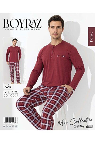 BEYAZTOPTAN Men's Cotton Plaid Buttoned Collar Pajama Set