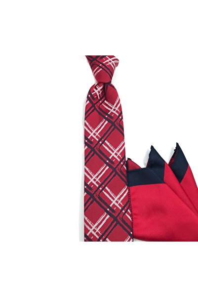 Sade Kravat Koyu Kırmızı Lacivert Beyaz Ekoseli Mendilli İnce Kravat 31571 Ko...