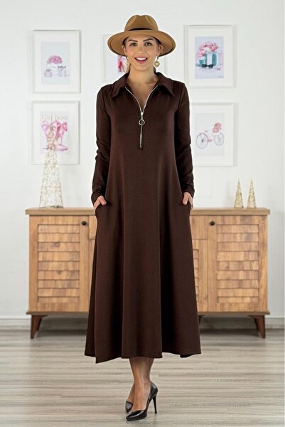 Nevin Kaya Moda Καφέ χρώμα Elegance Modal υφασμάτινο φόρεμα με λεπτομέρεια απ...